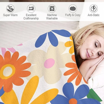 70s Retro Flower Throw Blanket, 60s Vintage Groovy Daisy Flowers Boho Hippie Bright Colorful Floral Print Blanket for Couch Chair Sofa Bed Dorm Bedroom Home 50"x60"