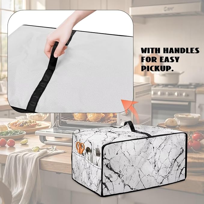 Toaster Oven Dust Cover with Pockets, Stain-resistant Kitchen Electrical Appliance Cover Countertop Ovens Decorations, L, 18.5 x 22.5 x 13 Inches, White Marble Black Crack