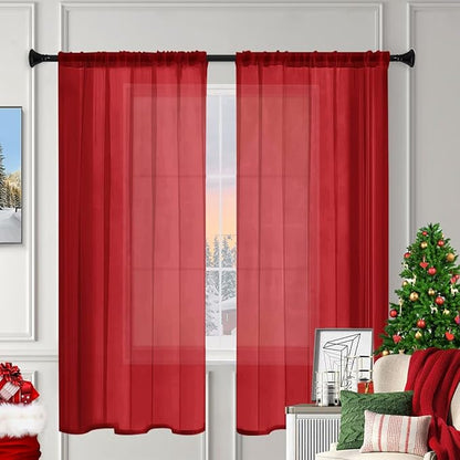 Sheer Curtains 54 Inches Long 2 Panels, Rod Pocket Short Curtain for Kitchen, Bedroom, Cafe Window(Christmas Red 38" W x 54" L)