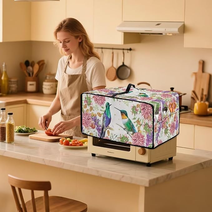 Watercolor Flower Hummingbird Print Microwave Oven Cover Dust-Proof Microwave Toaster Oven Cover Waterproof Foldable Kitchen Appliance Protector Suitable for Most Microwave Ovens, L