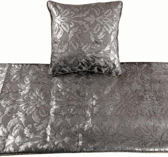 The HomeCentric Silver Bed Runner, King Size 90"x18" Decorative Bed Runner with 2 Matching Pillow Cover, Silver & Grey Velvet Bed Scarf in Foil Velvet Bead Border - Silver Glitterati