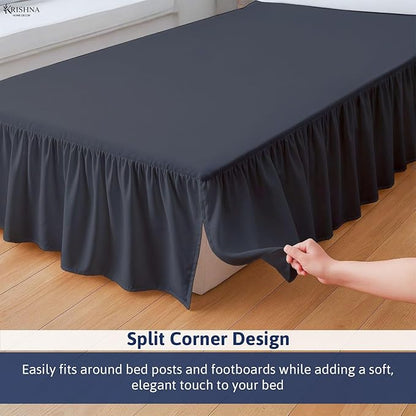 KRISHNA Ruffled Bed Skirt with Split Corners Queen, 100% Microfiber Hotel Quality, 12 Inch Drop Dust Ruffle Gathered Bedskirt with Platform, 60" x 80", Dark Grey