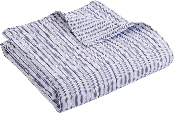 Levtex Home - Tobago Stripe Blue - Quilted Throw - 50x60in. - White, Blue - Reversible Pattern - Cotton Fabric