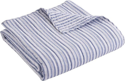 Levtex Home - Tobago Stripe Blue - Quilted Throw - 50x60in. - White, Blue - Reversible Pattern - Cotton Fabric