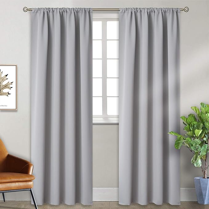 BGment Rod Pocket Blackout Curtains for Bedroom - Thermal Insulated Room Darkening Drapes for Living Room Dining Room Privacy Blinds, 52 x 84 Inch, 2 Panels, Light Grey