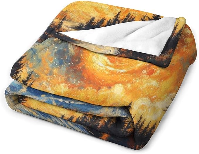 Magic Forest Blanket, Abstract Art Oil Painting Dreamworld River Jungle Sunset Pattern Soft Warm Cozy Plush Flannel Covers for Livingroom Bedroom Couch Chair Camping Travel Home Decor Tapestry 50x60in