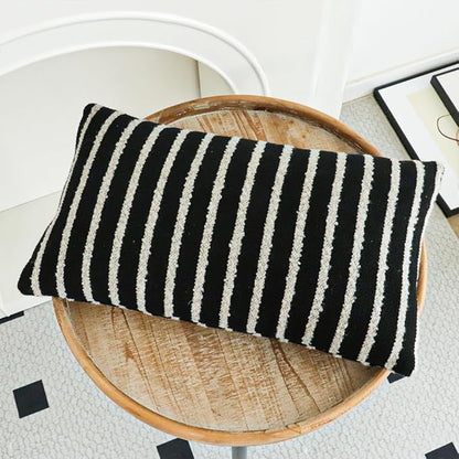 Jonhier Black Striped Lumbar Boho Throw Pillow Cover, Modern Boucle Textured Rectangle Pillowcase for Sofa Couch Bed, Neutral Farmhouse Accent Decorative Cushion Cover for Living Room, 12 x 20 inch