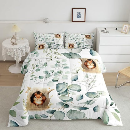 Erosebridal Kawaii Squirrel Full Comforter Set for Boys Girls Cartoon Animal Bedding Set Full, Eucalyptus Leaves Bedding Comforter Sets Jungle Wildlife Duvet Set, Tropical Plants Quilted Comforter