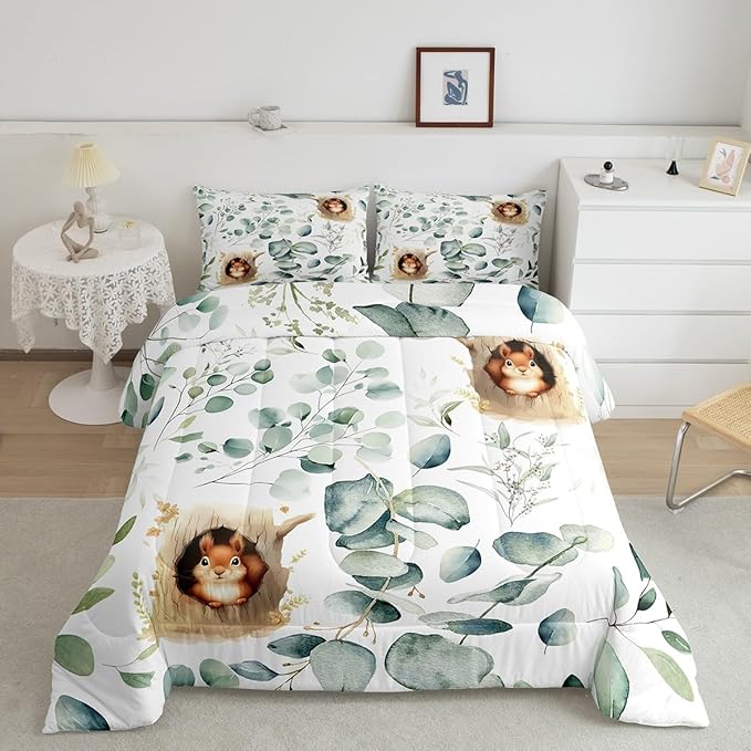 Erosebridal Kawaii Squirrel Bedding Toddler Size for Boys Girls Cartoon Animal Comforter Set, Eucalyptus Leaves Duvet Insert Jungle Wildlife Quilt Comforter, Tropical Plants Bedding Comforters & Sets