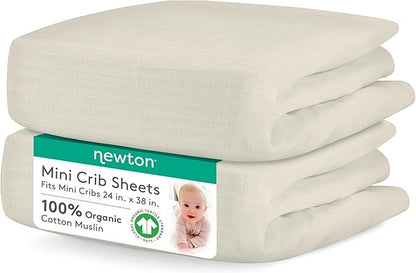 Newton Baby Fitted Mini Crib Sheets (2-Pack) | Organic Muslin Cotton, Breathable & Soft Baby Sheets, Washable Baby Mattress Sheets, Fits Mini Crib Mattresses 24" x 38", Oatmeal