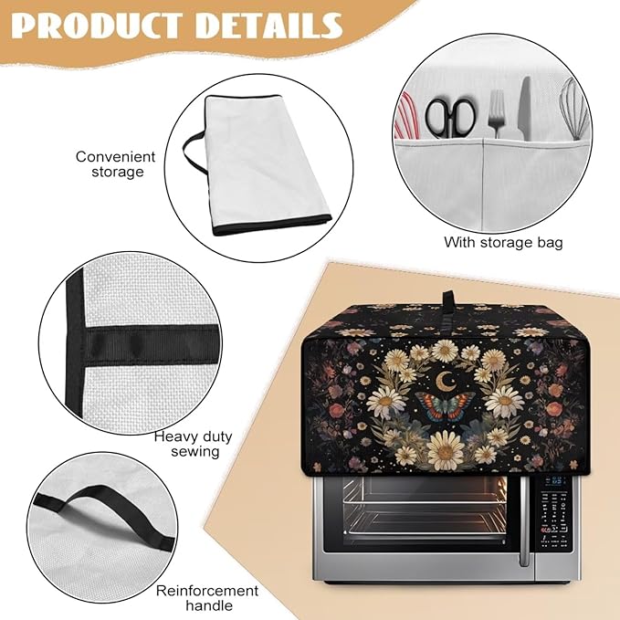 Vintage Daisy Butterfly Moon Print Toaster Oven Cover with Storage Bags Dust Cover for Microwave Oven Polyester-Linen Small Appliance Dust Covers Fits Most Microwaves, M