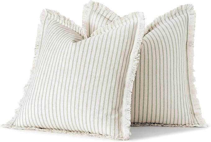 MIULEE Pack of 2 Sage Green Pillow Covers 18x18 Inch Striped Farmhouse Couch Spring Throw Pillow Covers with Fringe Chic Linen Decorative Cushion Covers for Sofa Living Room Bed Outdoor Home Decor