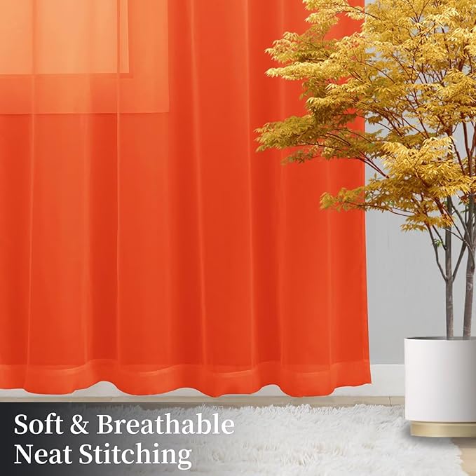 Sheer Curtains 63 Inches Long 2 Panels, Rod Pocket Short Curtain for Kitchen, Bedroom, Cafe Window(Burnt Orange 38" W x 63" L)