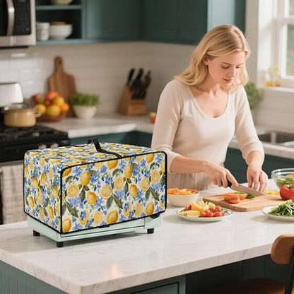 Waterproof Dust-Proof Microwave Oven Grill Cover Protector Lemon Floral Leaf Print Polyester-Linen Fabric Dust Cover with Storage Bags Case Protections for Microwave Oven, M