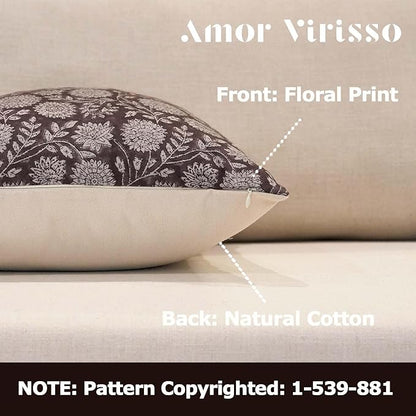 Amor Virisso Floral Pillow Covers 20x20 Throw Pillow Covers Vintage Block Print Pillow Cover Neutral Couch Pillows for Living Room Farmhouse Decorative Accent Sofa Pillows, Dark Brown