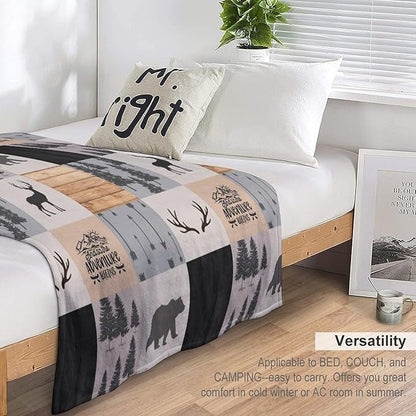 Rustic Cabin Throw Blanket, Retro Camping Bear Deer Farmhouse Wildlife Tree Forest Brown Gray Print Warm Flannel Blanket for Bedroom Camping Travel, 50"x60"