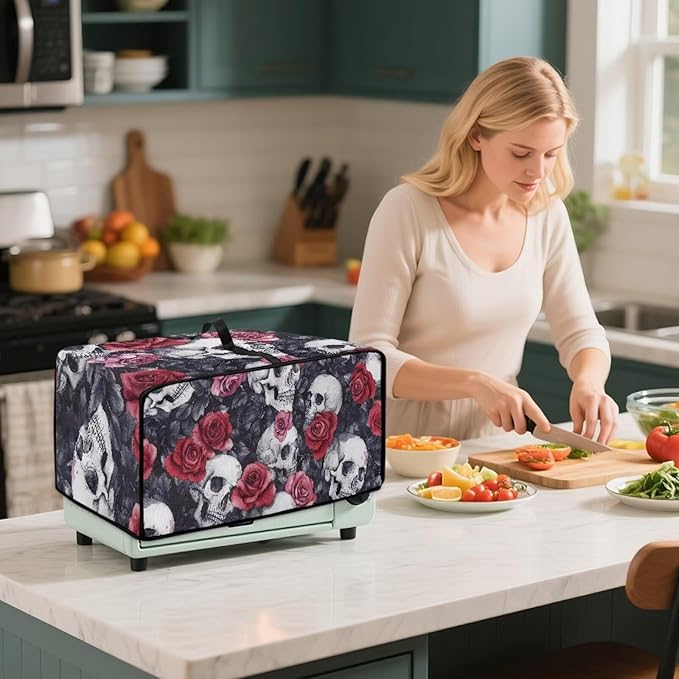 Skull Red Rose Print Microwave Oven Dust Cover Toaster Oven Cover with Top Handle Dust-Proof Kitchen Appliance Protector Dirt and Fingerprint Protection, M