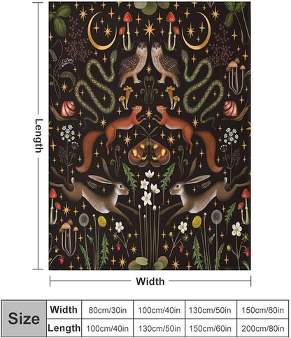 Rustic Forest Throw Blanket, Fairy Tale Forest Land Wild Animals Moths Flowers Moon Star Soft Flannal Blanket for Adult Kids Bed Couch Sofa, 60"x80"