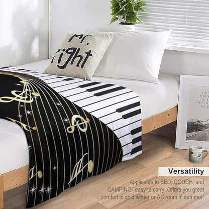 Music Note Blanket Black White Piano Keys Gold Music Note Soft Cozy Lightweight Throw Blanket for Kids Girls Boys Bedroom Living Room Dorm Chair Sofa Travel 70x80in