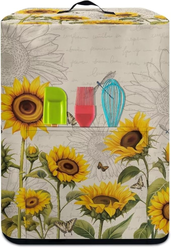 Air Fryer Cover Kitchen Appliance Cover with Top Handle and Accessories Pockets Stain Resistant Washable Ideal Gift for Women Wife, Sunflower Dragonfly Retro
