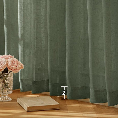 Anmao Natural Linen Curtains for Living Room 90 Inch Length 2 Panels Set, Light Filtering Semi Sheer Window Curtain Drapes for Bedroom with Curtain Rings and Clips, 52 Inch Wide Each Panel, Olive