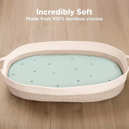 2-Pack Baby Bassinet Sheets Girl, Boy - 33x17 Viscose Derived from Bamboo Bedside Mattress Fitted Bassinet Sheets, Compatible with Halo Bassinest Swivel Sleeper, Baby Delight, Graco (Bunnies)