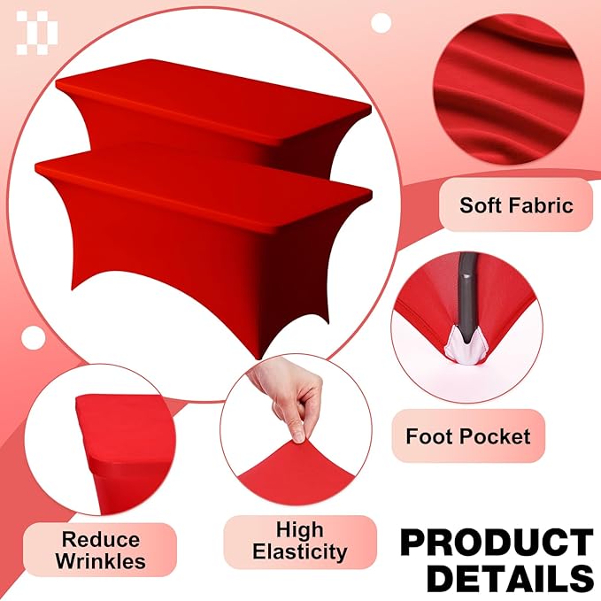 Trlyc 2 Pack 6FT Spandex Table Cloth - 72 x 30 Inch Rectangular Stretch Tablecloth, Wrinkle Resistant Scretch Table Cover for Wedding, Party, Banquet, Picnic, Outdoor Decoration (2Pcs,Red)