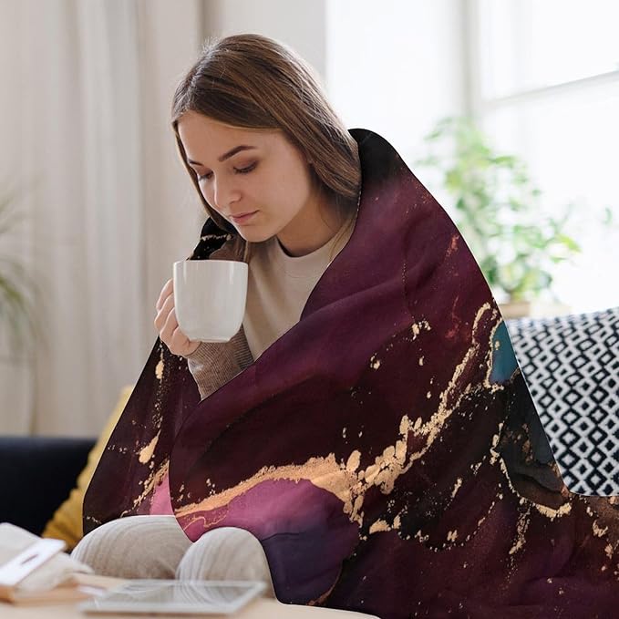 Modern Marble Blanket, Abstract Luxury Baroque Golden Purple Blue Stone Veins Pattern Soft Warm Cozy Plush Flannel Covers for Livingroom Bedroom Couch Chair Camping Travel Home Decor Tapestry 60x80in