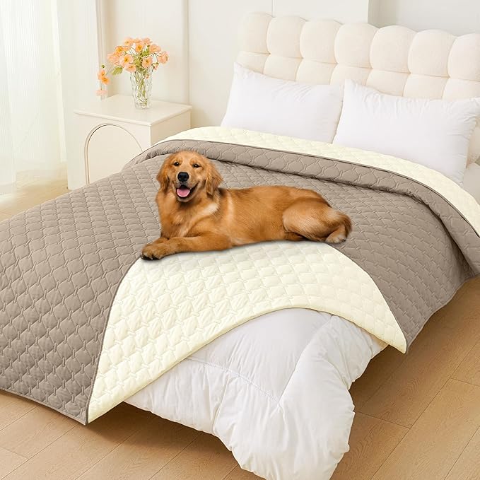Smiry Waterproof Dog Bed Cover Blanket, Soft Reversible Pet Blanket, Washable Leakproof Cats Dogs Couch Cover for Sofa, Couch, Furniture, Plaid (82x82 Inch, Taupe/Beige)