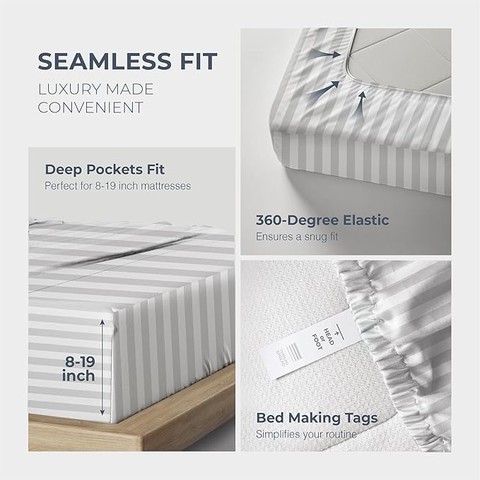 THREAD SPREAD 100% Egyptian Cotton Sheets Queen Size - 1500 Thread Count 4 PC Damask Sheet Set Egyptian Cotton, Sateen Luxury Sheet Queen Size, Soft Sateen Sheets, 17" Deep Pocket - White Stripe