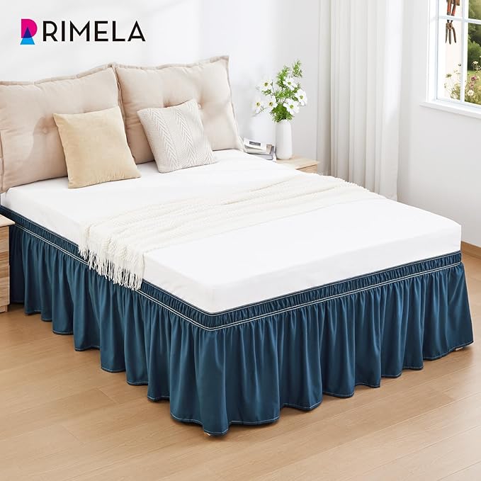 RIMELA Dusty Navy Bed Skirt Queen Size 18 Inch Drop, Wrap Around Elastic Bedskirt, Dust Ruffle for Adjustable Bed Base Machine Washable Easy to Install Bed Skirts