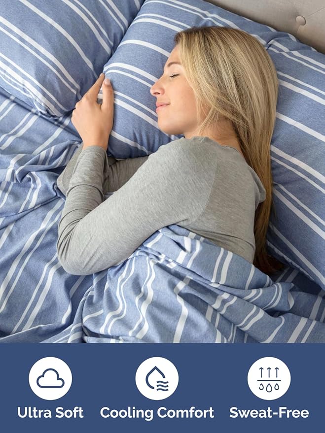 Extra Deep Queen Fitted Sheet - Hotel Luxury Single Fitted Sheet Only - Easily Fits 18 inch to 24 inch Mattress - Ultra Soft, Wrinkle Free with Extra Deep Pockets - Breathable & Comfy - Blue Stripes