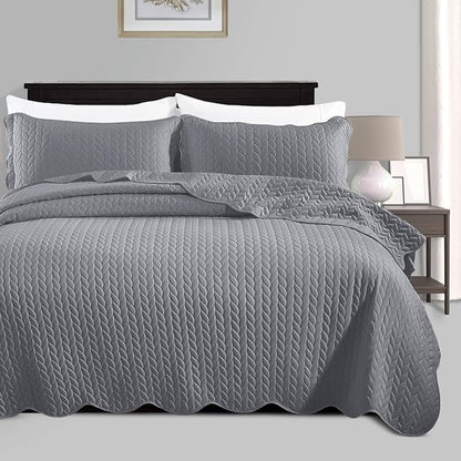 IR Imperial Rooms King Quilt Bedding Set Size (106" x 96") + 2 Pillow Shams (20" x 36"+ 2") - 3 Pcs All Season Lightweight Reversible Microfiber Coverlet Embossed Quilt Bedspread (Grey)