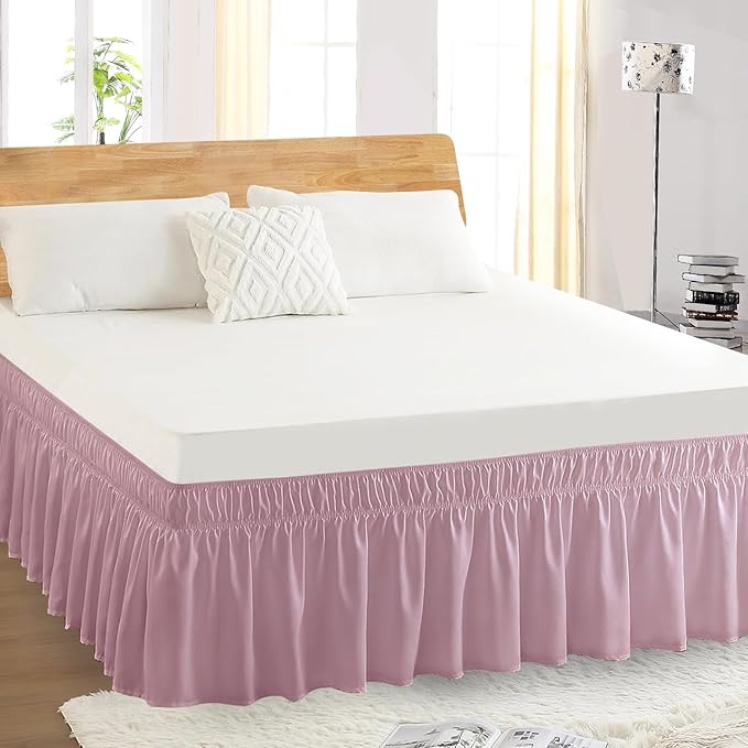 King Bed Skirt, Elastic Wrap Around Bed Skirt King Size, Bed Skirts for Adjustable Bed, Easy Fit with 14" Drop Length Tailored Drop Dust Ruffle (Pink)