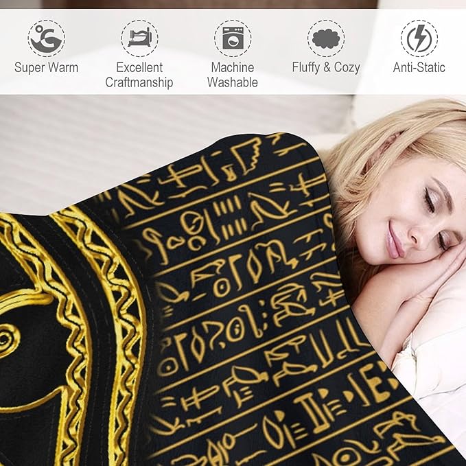 Ancient Egyptian Blanket, Egyptian Eye of Horus Ancient Culture Golden Egyptian Hieroglyphs Alphabet Print Blankets for Couch Sofa Bed Boys Mens, 30"x40"