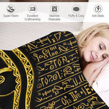 Ancient Egyptian Blanket, Egyptian Eye of Horus Ancient Culture Golden Egyptian Hieroglyphs Alphabet Print Blankets for Couch Sofa Bed Boys Mens, 30"x40"