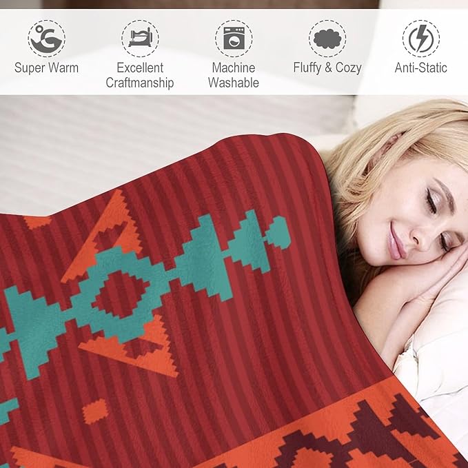 Aztec Throw Blanket, Red Native Southwestern Boho Blanket for Couch Bed Chair Outdoor Travel 40"x50"