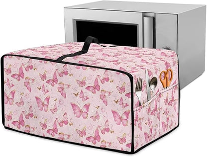 Pink Butterfly Print Microwave Oven Dust Cover Polyester-Linen Fabric Dust Cover for Microwave Oven Universal Dust-Proof Kitchen Appliance Protector Fits Most Microwaves, S