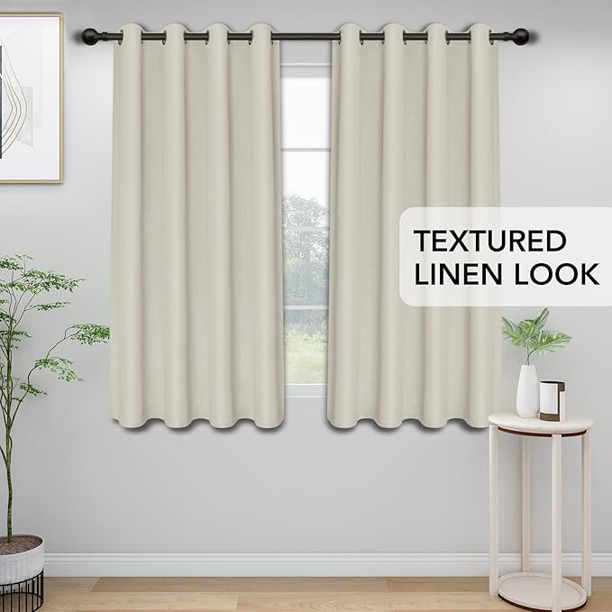 Easy-Going Linen Look Blackout Curtain 63 Inch Length Grommet Window Curtain Drapes for Bedroom, Living Room Thermal Insulated Room Darkening (Set of 2 Panels, Natural)