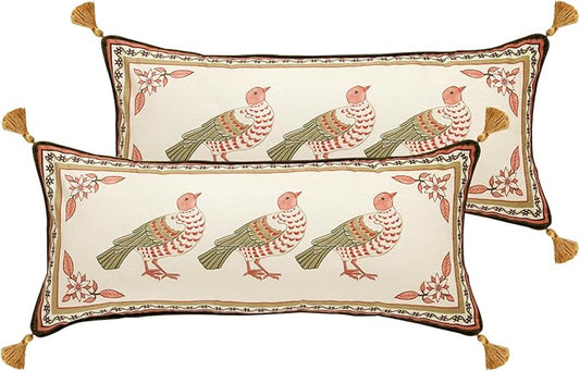 Rectangle Throw Pillow Covers Pack of 2,Velvet Farmhouse with Birds Pattern Pillowcases,Decor Long Lumbar Pillows Cushion Covers for Couch Sofa Bed Car Chair,12"x28"