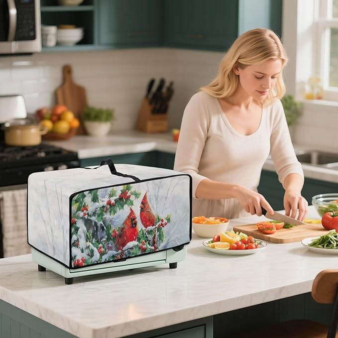 Christmas Microwave Oven Cover Air Fryer Toaster Oven Dust Cover with Accessory Pockets, Stain-resistant Small Electric Appliance Protector for Kitchen, L, Red Cardinal Bird Holly White