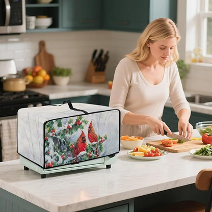 Christmas Microwave Oven Cover Air Fryer Toaster Oven Dust Cover with Accessory Pockets, Stain-resistant Small Electric Appliance Protector for Kitchen, L, Red Cardinal Bird Holly White