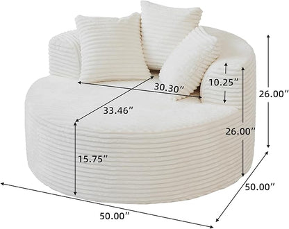 JACH Oversized Round Lazy Sofa Chair with Three Pillows, 50" Corduroy Deep Seat Single Sleeper Sofas, Upholstered Chaise, Cloud Couch for Living Room, Apartment, Beige