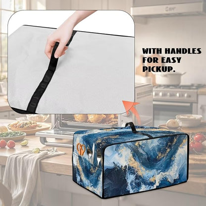 Blue Golden Marble Texture Print Microwave Oven Cover Dust-Proof Polyester-Linen Fabric Toaster Oven Cover Easy to Clean Microwave Grill Cover Protector with Top Handle, S