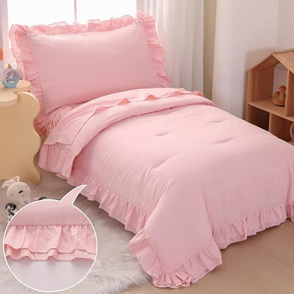Wowelife Pink Toddler Bedding Set for Girls Toddler Bedding 4 Pieces Boho Tufted Comforter with Ruffles Design Toddler Girl Bed Set with Comforter, Fitted Sheet, Flat Sheet and Pillowcase