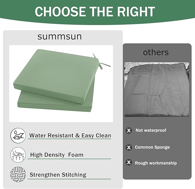 Outdoor Chair Cushions Set of 2: Waterproof & Fade Resistant Deep Seat Cushion for Patio Furniture - 24 x 24 Inch Chair Pad with Ties and Hidden Zipper - Patio Chair Cushion Replacement, Sage Green