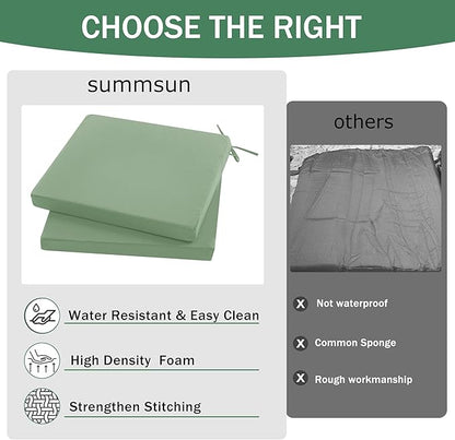 Outdoor Chair Cushions Set of 2: Waterproof & Fade Resistant Deep Seat Cushion for Patio Furniture - 24 x 24 Inch Chair Pad with Ties and Hidden Zipper - Patio Chair Cushion Replacement, Sage Green