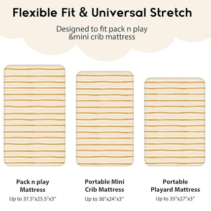 Yoofoss Pack and Play Sheets Fitted, Mini Crib Sheets 2-Pack for Pack N Play Mattress, Stretchy Playard Sheet, Soft and Breathable (Brown+Stripe)