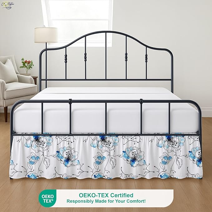 Cottington Lane Ruffled Bed Skirt Twin Size with Split Corner, Brushed Microfiber Hotel Quality Dust Ruffle, 18 Inch Drop Gathered Bedskirt, Soft, Stylish, Shrink & Fade Resistant, Blue Blossom