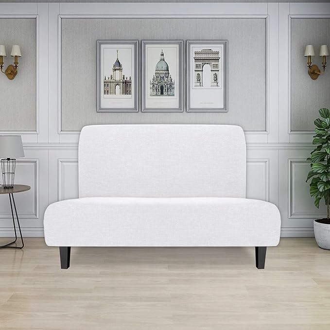 Easy-Going Stretch Futon Slipcover Armless Futon Bed Cover Furniture Protector Without Armrests with Elastic Bottom for Kids, Soft Jacquard Fabric Small Checks (Medium, Snow White)